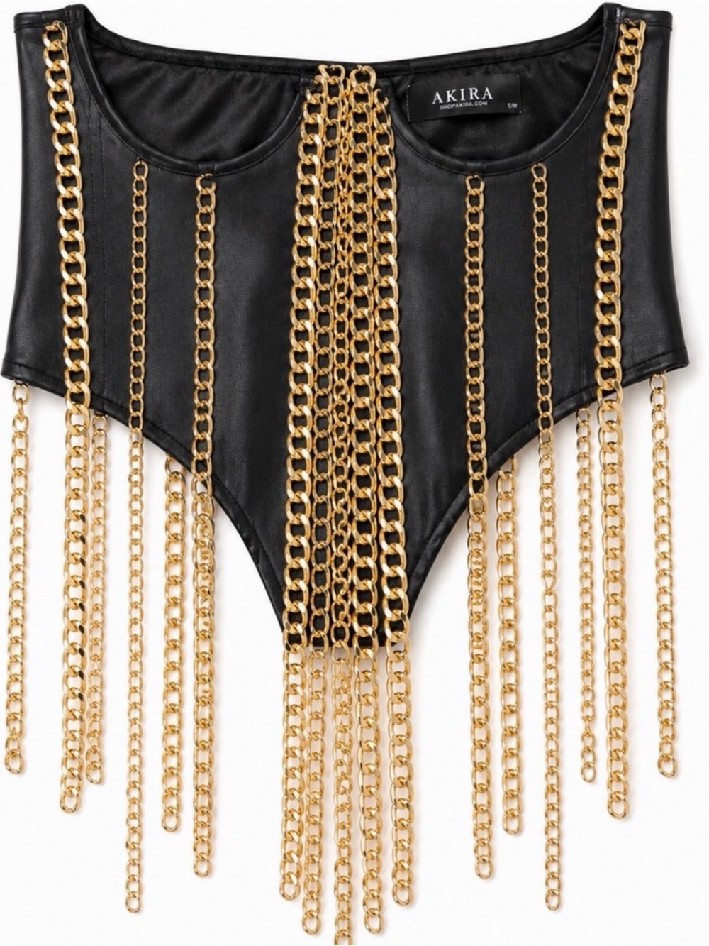 AKIRA Black Faux Leather Chain Fringe Corset Top with Gold Chains